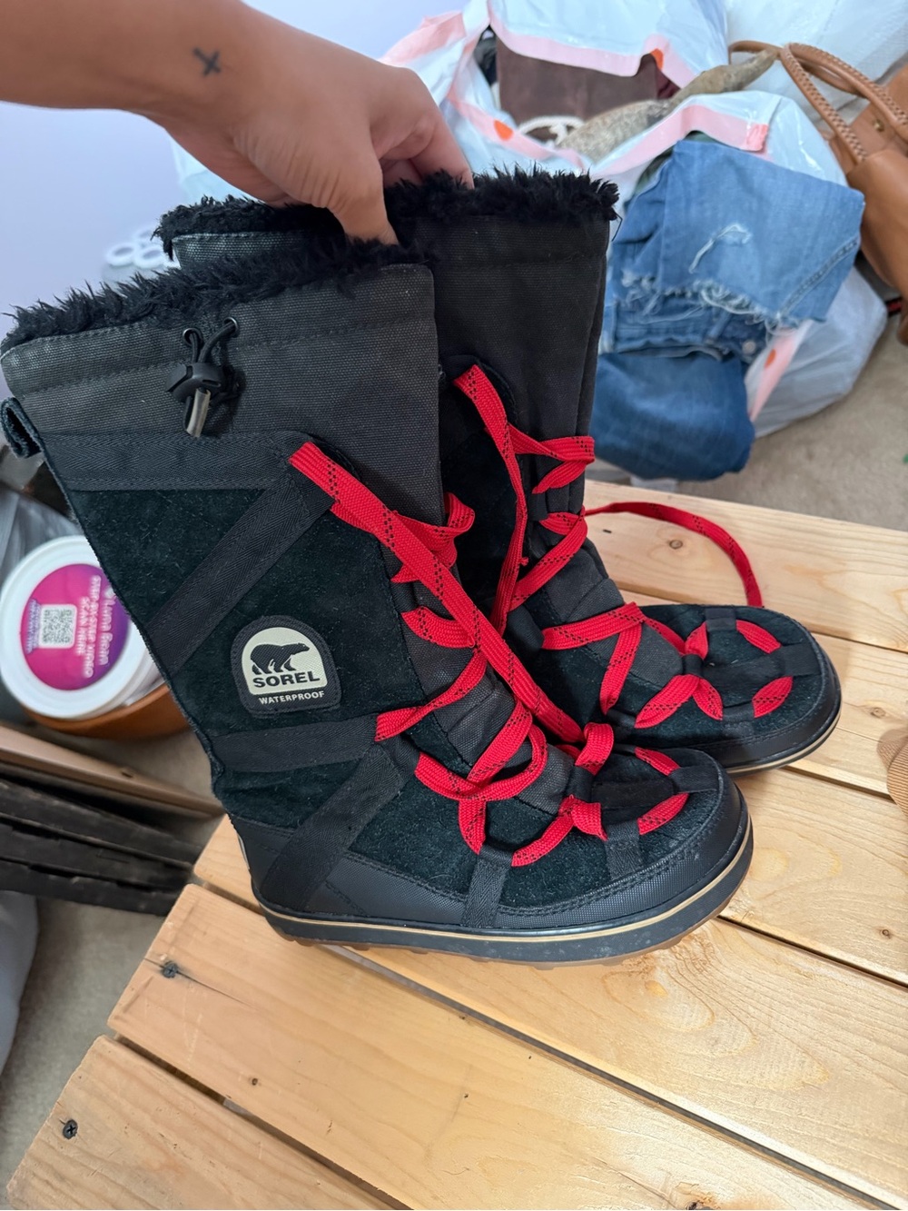 Sorel Kids Black Winter Boots with Red Laces